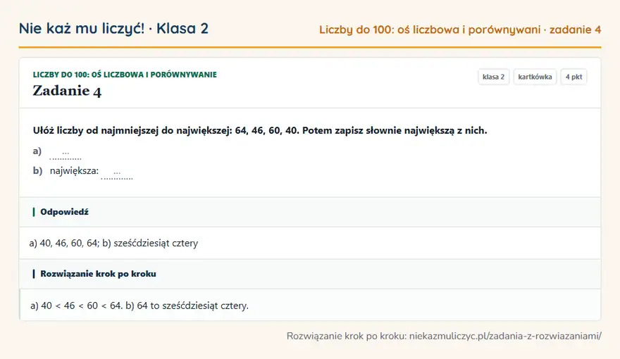 Rozwiązanie zadania 4 — Liczby do 100: oś liczbowa i porównywanie (klasa 2): Ułóż liczby od najmniejszej do największej: 64, 46, 60, 40. Potem zapisz słownie największą z nich…