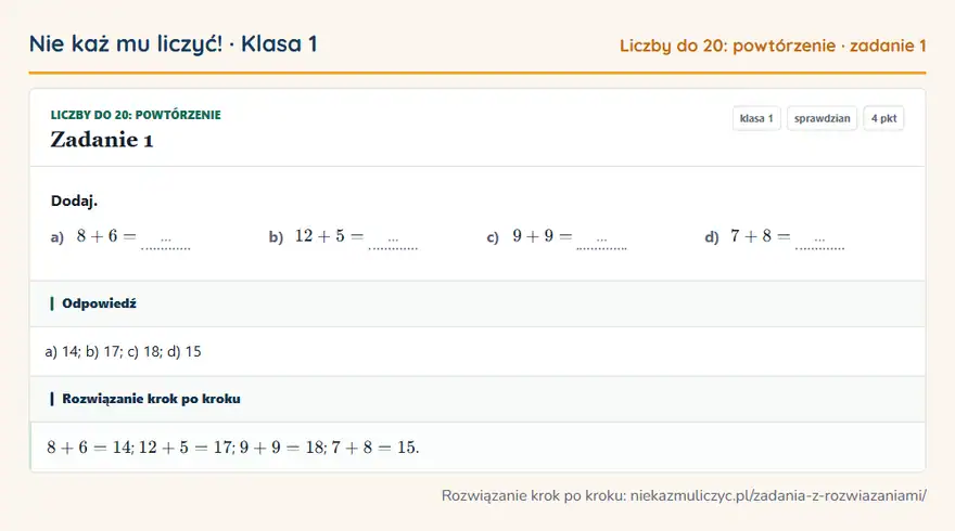 Rozwiązanie zadania 1, sprawdzian „Liczby do 20: powtórzenie”, klasa 1: Dodaj. a) 8 + 6 = … b) 12 + 5 = … c) 9 + 9 = … d) 7 + 8 = … Odpowiedź: a) 14; b) 17; c) 18; d) 15
