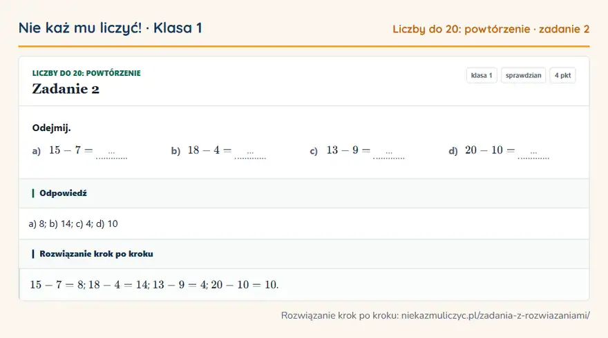 Rozwiązanie zadania 2 — Liczby do 20: powtórzenie (klasa 1): Odejmij. a) 15 - 7 = … b) 18 - 4 = … c) 13 - 9 = … d) 20 - 10 = …