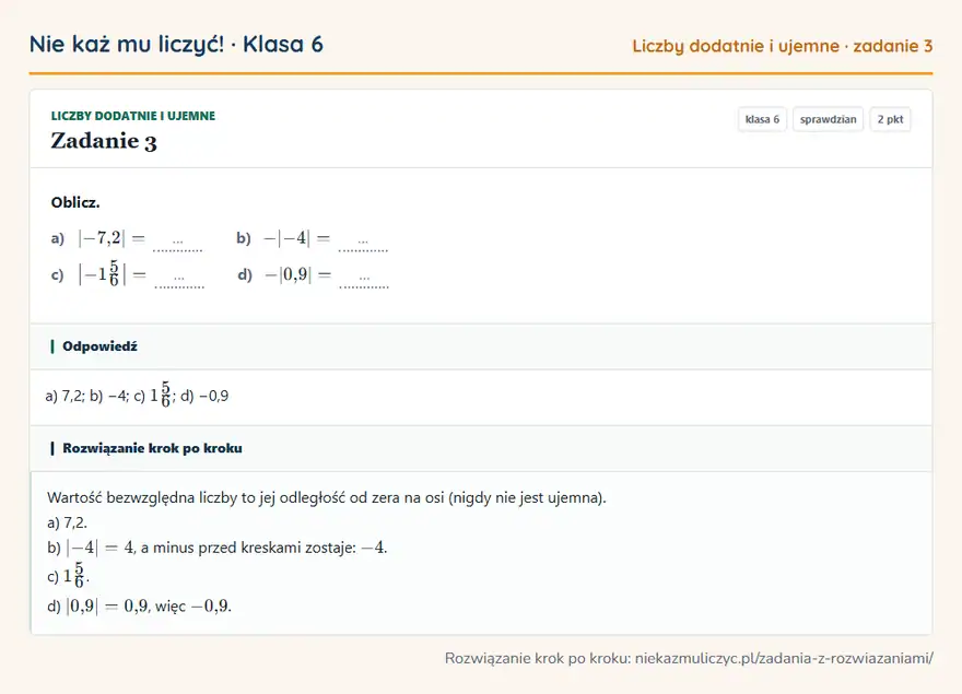 Rozwiązanie zadania 3 — Liczby dodatnie i ujemne (klasa 6): Oblicz. a) -7,2 = … b) - -4 = … c) |-15/6 | = … d) - 0,9 = …