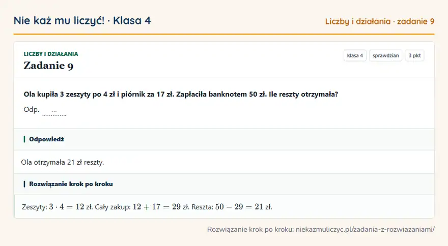 Rozwiązanie zadania 9, sprawdzian „Liczby i działania”, klasa 4: Ola kupiła 3 zeszyty po 4 zł i piórnik za 17 zł. Zapłaciła banknotem 50 zł. Ile reszty otrzymała?… Odpowiedź: Ola otrzymała 21 zł reszty