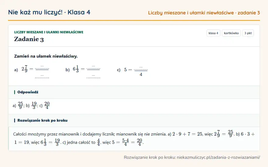Rozwiązanie zadania 3 — Liczby mieszane i ułamki niewłaściwe (klasa 4): Zamień na ułamek niewłaściwy. a) 27/9 = … … b) 61/3 = … … c) 5 = … 4