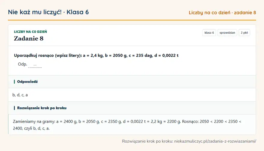 Rozwiązanie zadania 8 — Liczby na co dzień (klasa 6): Uporządkuj rosnąco (wpisz litery): a = 2,4 kg, b = 2050 g, c = 235 dag, d = 0,0022 t Odp. …