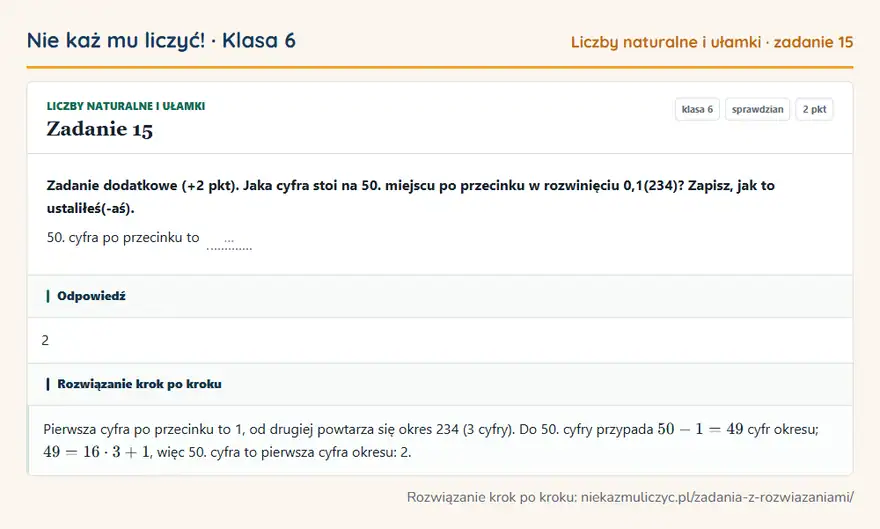 Rozwiązanie zadania 15, sprawdzian „Liczby naturalne i ułamki”, klasa 6: Zadanie dodatkowe (+2 pkt). Jaka cyfra stoi na 50. miejscu po przecinku w rozwinięciu 0,1(234)?… Odpowiedź: 2