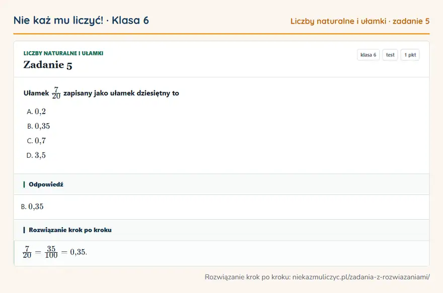 Rozwiązanie zadania 5, test „Liczby naturalne i ułamki”, klasa 6: Ułamek 7/20 zapisany jako ułamek dziesiętny to Odpowiedź: B. 0,35