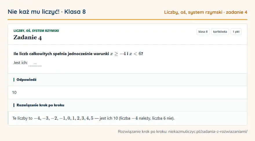 Rozwiązanie zadania 4, kartkówka „Liczby, oś, system rzymski”, klasa 8: Ile liczb całkowitych spełnia jednocześnie warunki x ≥ -4 i x < 6? Jest ich: … Odpowiedź: 10