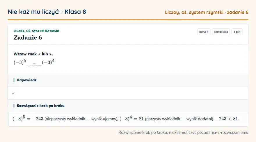 Rozwiązanie zadania 6, kartkówka „Liczby, oś, system rzymski”, klasa 8: Wstaw znak < lub >. (-3)⁵ … (-3)⁴ Odpowiedź: <