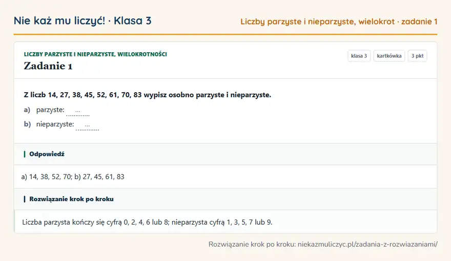 Rozwiązanie zadania 1 — Liczby parzyste i nieparzyste, wielokrotności (klasa 3): Z liczb 14, 27, 38, 45, 52, 61, 70, 83 wypisz osobno parzyste i nieparzyste. a) parzyste: … b)…