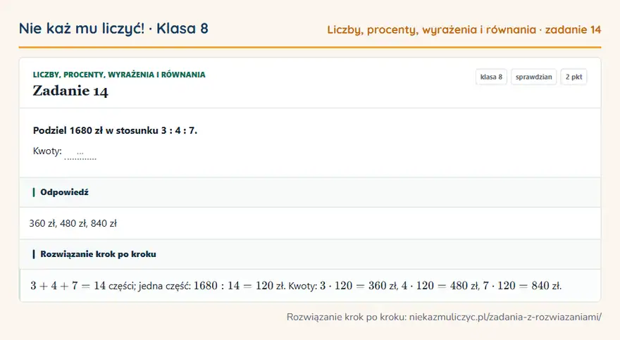Rozwiązanie zadania 14 — Liczby, procenty, wyrażenia i równania (klasa 8): Podziel 1680 zł w stosunku 3: 4: 7. Kwoty: …