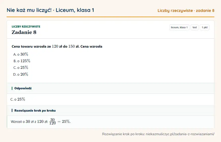 Rozwiązanie zadania 8, test „Liczby rzeczywiste”, liceum, klasa 1: Cena towaru wzrosła ze 120 zł do 150 zł. Cena wzrosła Odpowiedź: C. o 25\%