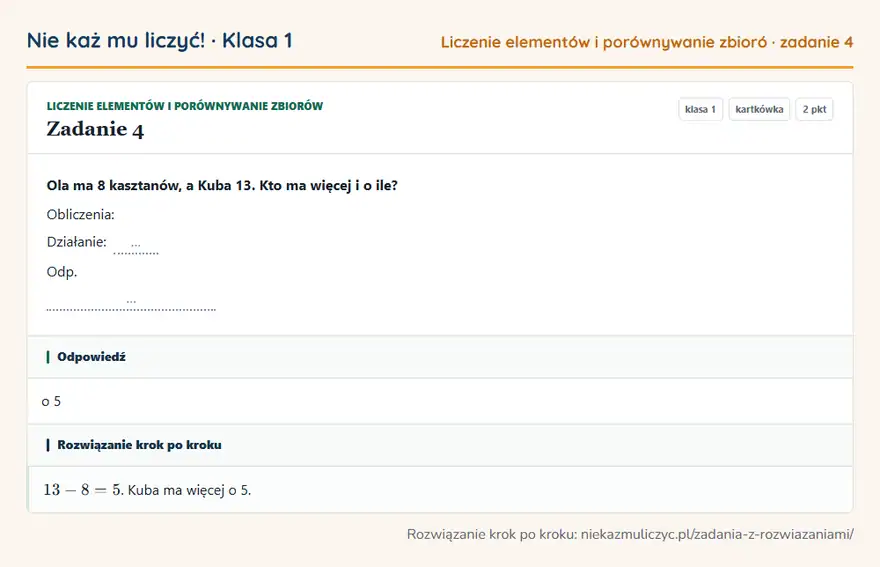 Rozwiązanie zadania 4 — Liczenie elementów i porównywanie zbiorów (klasa 1): Ola ma 8 kasztanów, a Kuba 13. Kto ma więcej i o ile? Obliczenia: Działanie: … Odp. …
