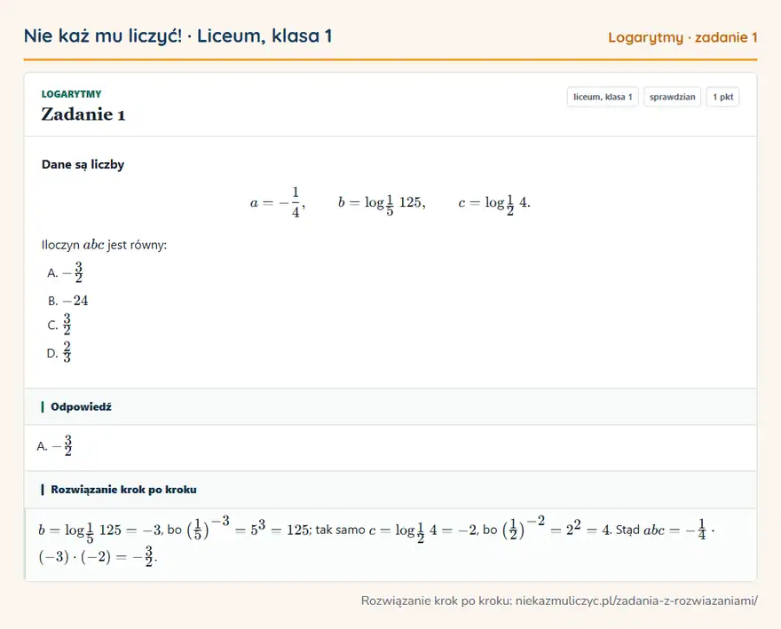 Rozwiązanie zadania 1 — Logarytmy (liceum, klasa 1): Dane są liczby a = -1/4, b = log1 5 125, c = log1 2 4. Iloczyn abc jest równy:
