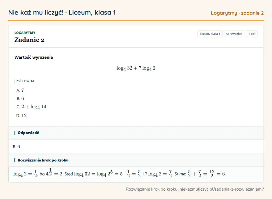 Rozwiązanie zadania 2 — Logarytmy (liceum, klasa 1): Wartość wyrażenia log4 32 + 7log4 2 jest równa