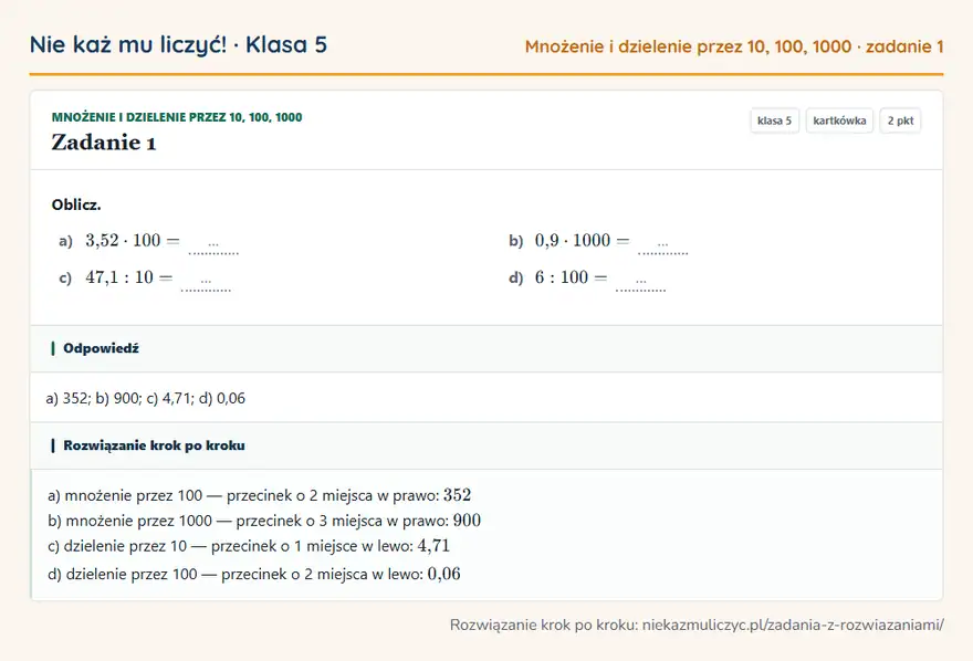 Rozwiązanie zadania 1 — Mnożenie i dzielenie przez 10, 100, 1000 (klasa 5): Oblicz. a) 3,52 · 100 = … b) 0,9 · 1000 = … c) 47,1: 10 = … d) 6: 100 = …