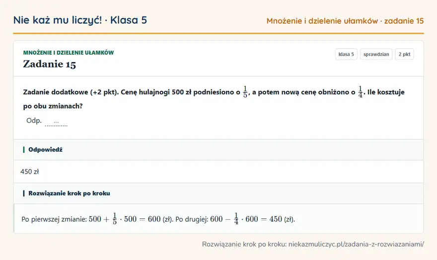 Rozwiązanie zadania 15 — Mnożenie i dzielenie ułamków (klasa 5): Zadanie dodatkowe (+2 pkt). Cenę hulajnogi 500 zł podniesiono o 1/5, a potem nową cenę obniżono o…