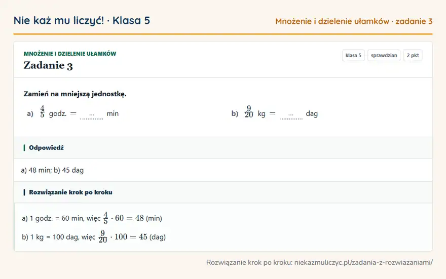 Rozwiązanie zadania 3 — Mnożenie i dzielenie ułamków (klasa 5): Zamień na mniejszą jednostkę. a) 4/5 godz. = … min b) 9/20 kg = … dag