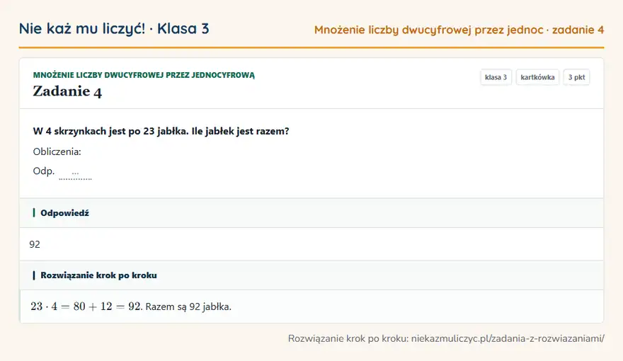 Rozwiązanie zadania 4 — Mnożenie liczby dwucyfrowej przez jednocyfrową (klasa 3): W 4 skrzynkach jest po 23 jabłka. Ile jabłek jest razem? Obliczenia: Odp. …