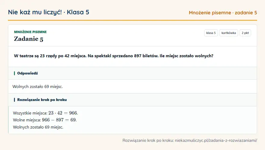 Rozwiązanie zadania 5 — Mnożenie pisemne (klasa 5): W teatrze są 23 rzędy po 42 miejsca. Na spektakl sprzedano 897 biletów. Ile miejsc zostało wolnych?
