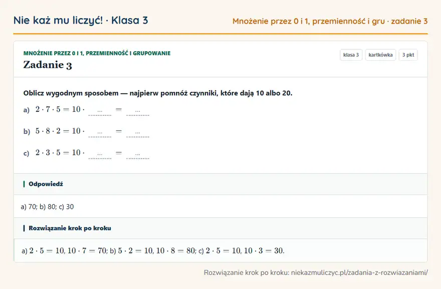 Rozwiązanie zadania 3 — Mnożenie przez 0 i 1, przemienność i grupowanie (klasa 3): Oblicz wygodnym sposobem — najpierw pomnóż czynniki, które dają 10 albo 20. a) 2 · 7 · 5 = 10 · … =…