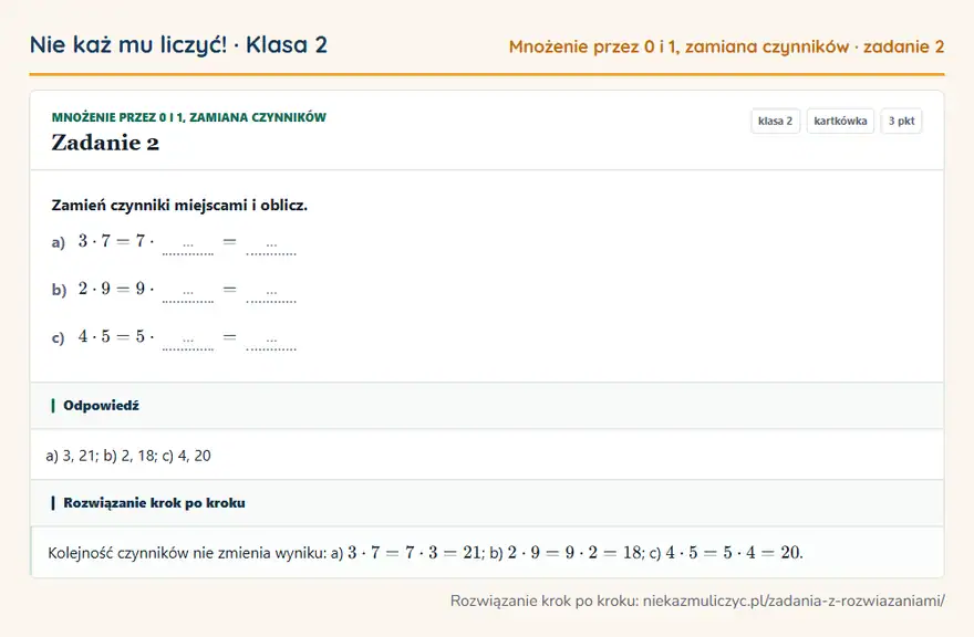 Rozwiązanie zadania 2 — Mnożenie przez 0 i 1, zamiana czynników (klasa 2): Zamień czynniki miejscami i oblicz. a) 3 · 7 = 7 · … = … b) 2 · 9 = 9 · … = … c) 4 · 5 = 5 · … = …