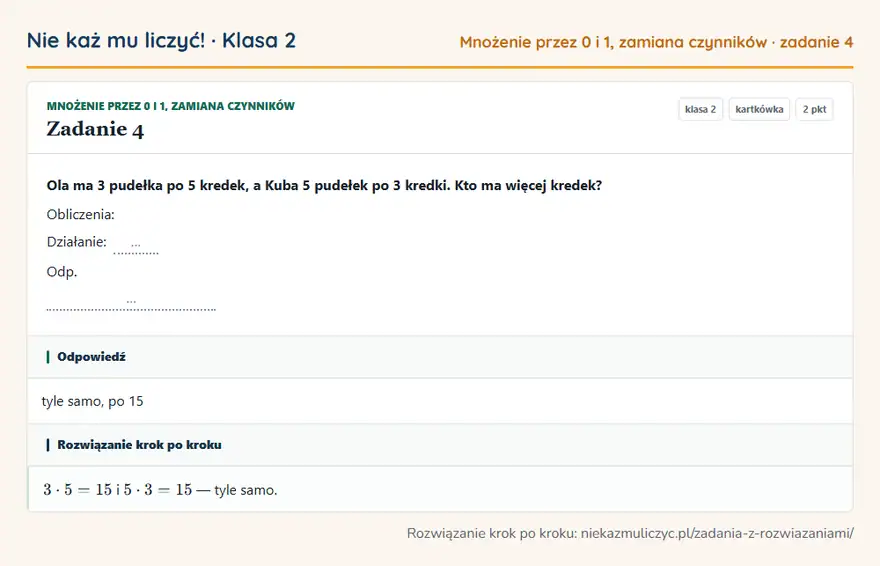 Rozwiązanie zadania 4 — Mnożenie przez 0 i 1, zamiana czynników (klasa 2): Ola ma 3 pudełka po 5 kredek, a Kuba 5 pudełek po 3 kredki. Kto ma więcej kredek? Obliczenia…