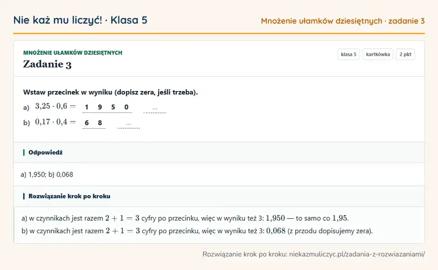 Rozwiązanie zadania 3 — Mnożenie ułamków dziesiętnych (klasa 5): Wstaw przecinek w wyniku (dopisz zera, jeśli trzeba). a) 3,25 · 0,6 = 1 9 5 0 … b) 0,17 · 0,4 = 6 8…