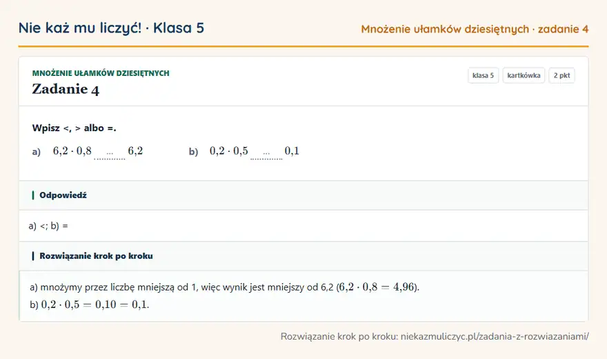 Rozwiązanie zadania 4 — Mnożenie ułamków dziesiętnych (klasa 5): Wpisz <, > albo =. a) 6,2 · 0,8 … 6,2 b) 0,2 · 0,5 … 0,1