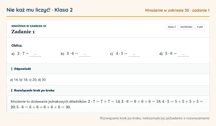 Rozwiązanie zadania 1 — Mnożenie w zakresie 30 (klasa 2): Oblicz. a) 2 · 7 = … b) 3 · 6 = … c) 4 · 5 = … d) 5 · 6 = …