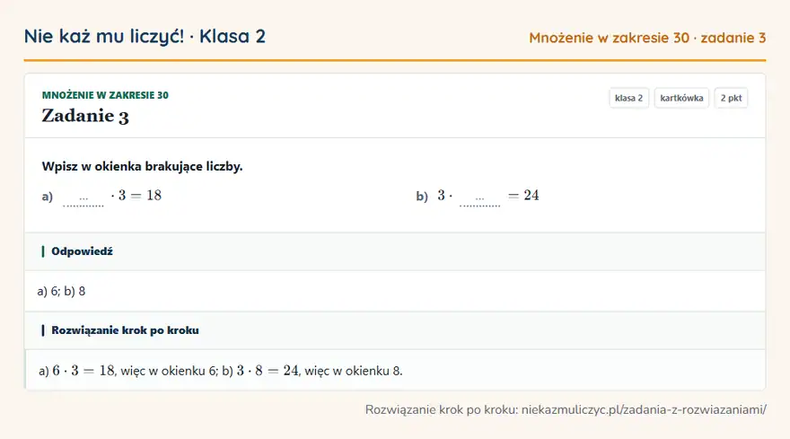Rozwiązanie zadania 3 — Mnożenie w zakresie 30 (klasa 2): Wpisz w okienka brakujące liczby. a) … · 3 = 18 b) 3 · … = 24