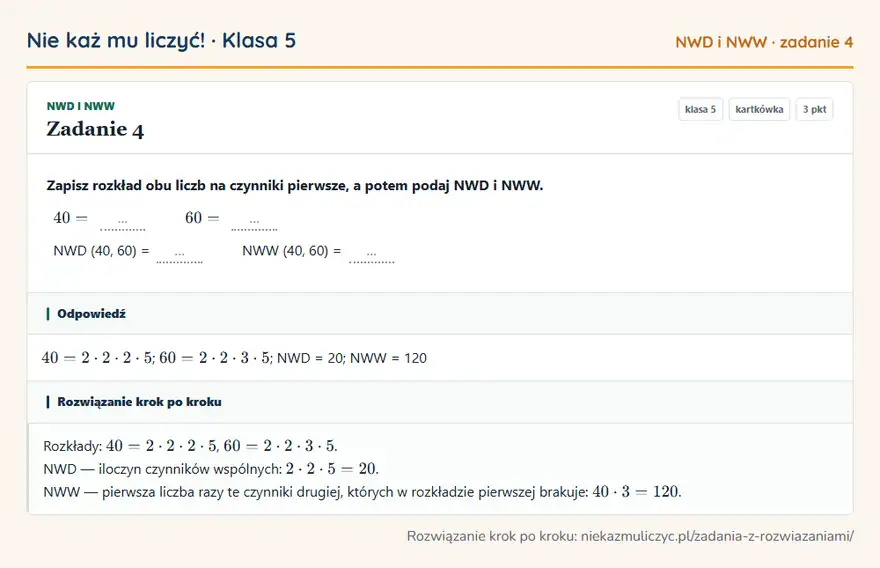 Rozwiązanie zadania 4, kartkówka „NWD i NWW”, klasa 5: Zapisz rozkład obu liczb na czynniki pierwsze, a potem podaj NWD i NWW. 40 = … 60 = … NWD (40, 60)… Odpowiedź: 40 = 2 · 2 · 2 · 5; 60 = 2 · 2 · 3 · 5; NWD = 20; NWW = 120