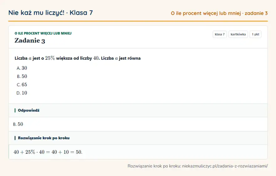 Rozwiązanie zadania 3 — O ile procent więcej lub mniej (klasa 7): Liczba a jest o 25\% większa od liczby 40. Liczba a jest równa