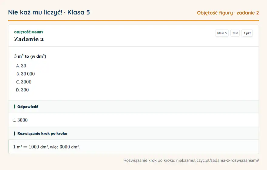 Rozwiązanie zadania 2 — Objętość figury (klasa 5): 3 m³ to (w dm³)