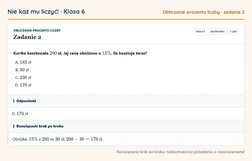 Rozwiązanie zadania 2 — Obliczanie procentu liczby (klasa 6): Kurtka kosztowała 200 zł. Jej cenę obniżono o 15\%. Ile kosztuje teraz?