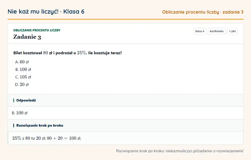 Rozwiązanie zadania 3, kartkówka „Obliczanie procentu liczby”, klasa 6: Bilet kosztował 80 zł i podrożał o 25\%. Ile kosztuje teraz? Odpowiedź: B. 100 zł