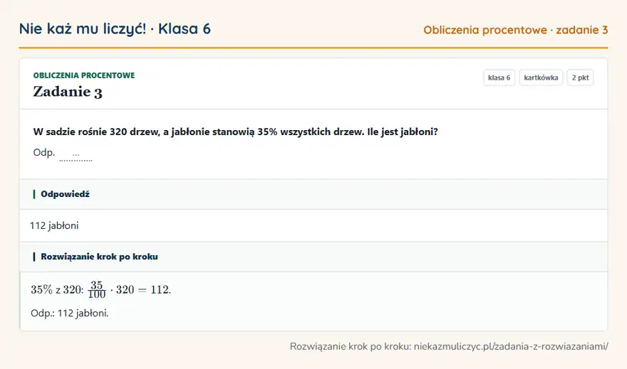Rozwiązanie zadania 3 — Obliczenia procentowe (klasa 6): W sadzie rośnie 320 drzew, a jabłonie stanowią 35% wszystkich drzew. Ile jest jabłoni? Odp. …