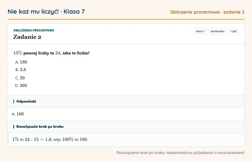 Rozwiązanie zadania 2, kartkówka „Obliczenia procentowe”, klasa 7: 15\% pewnej liczby to 24. Jaka to liczba? Odpowiedź: A. 160