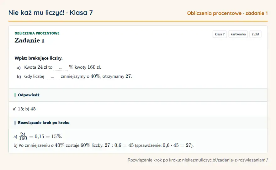 Rozwiązanie zadania 1, kartkówka „Obliczenia procentowe”, klasa 7: Wpisz brakujące liczby. a) Kwota 24 zł to … \% kwoty 160 zł. b) Gdy liczbę … zmniejszymy o 40\%… Odpowiedź: a) 15; b) 45