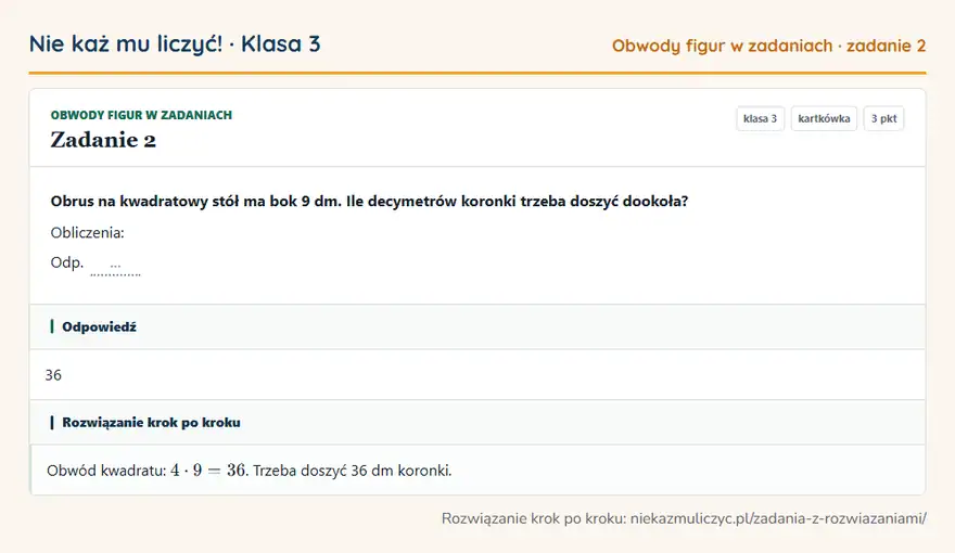 Rozwiązanie zadania 2 — Obwody figur w zadaniach (klasa 3): Obrus na kwadratowy stół ma bok 9 dm. Ile decymetrów koronki trzeba doszyć dookoła? Obliczenia…