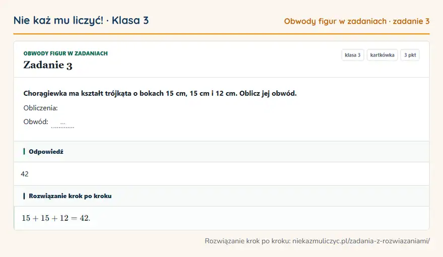 Rozwiązanie zadania 3, kartkówka „Obwody figur w zadaniach”, klasa 3: Chorągiewka ma kształt trójkąta o bokach 15 cm, 15 cm i 12 cm. Oblicz jej obwód. Obliczenia: Obwód… Odpowiedź: 42