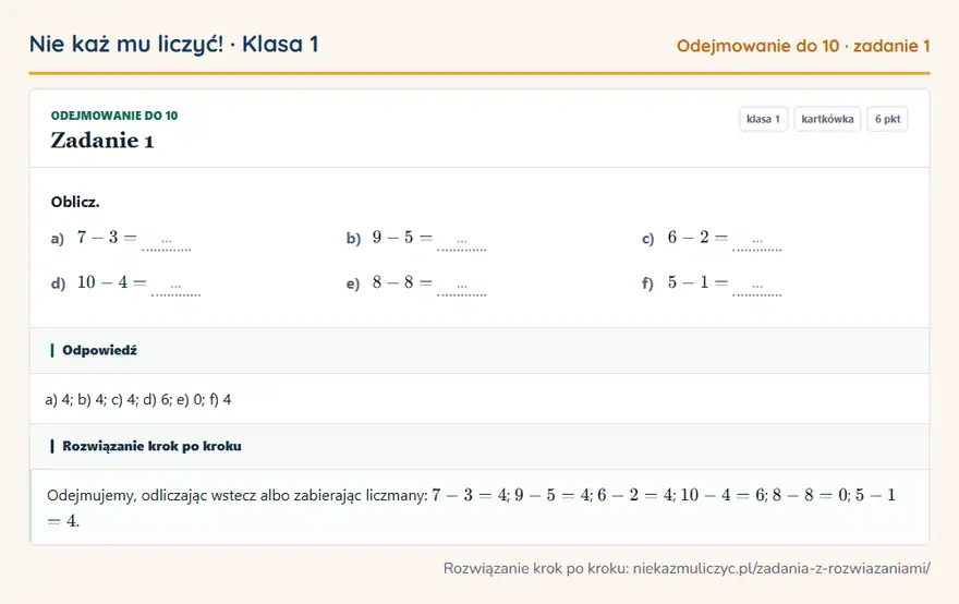 Rozwiązanie zadania 1 — Odejmowanie do 10 (klasa 1): Oblicz. a) 7 - 3 = … b) 9 - 5 = … c) 6 - 2 = … d) 10 - 4 = … e) 8 - 8 = … f) 5 - 1 = …