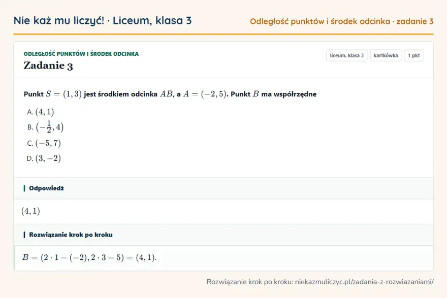 Rozwiązanie zadania 3 — Odległość punktów i środek odcinka (liceum, klasa 3): Punkt S = (1, 3) jest środkiem odcinka AB, a A = (-2, 5). Punkt B ma współrzędne