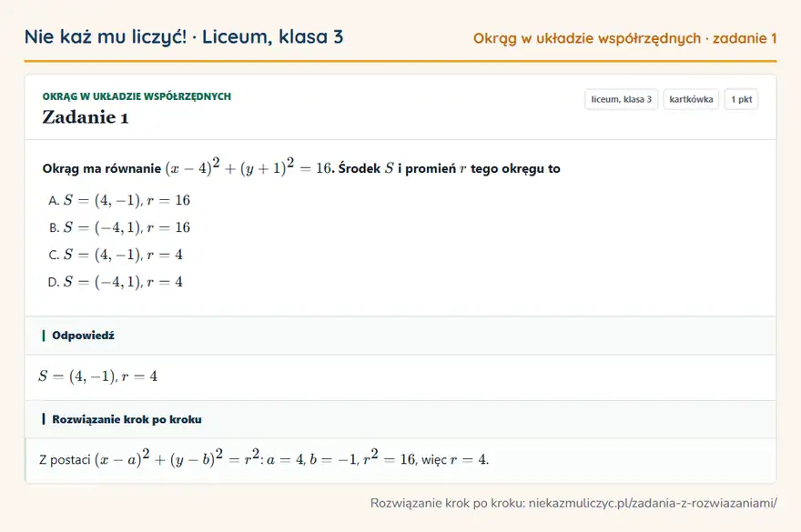 Rozwiązanie zadania 1 — Okrąg w układzie współrzędnych (liceum, klasa 3): Okrąg ma równanie (x - 4)² + (y + 1)² = 16. Środek S i promień r tego okręgu to