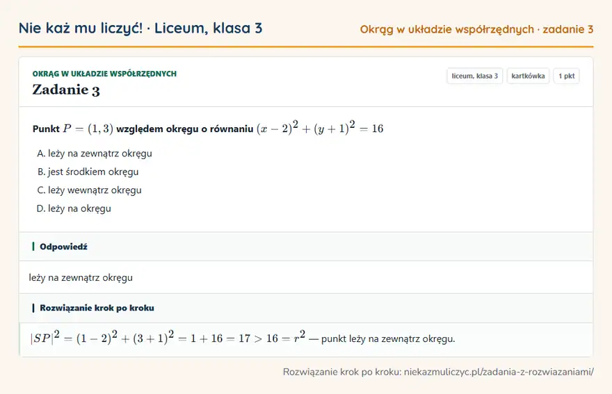 Rozwiązanie zadania 3 — Okrąg w układzie współrzędnych (liceum, klasa 3): Punkt P = (1, 3) względem okręgu o równaniu (x - 2)² + (y + 1)² = 16