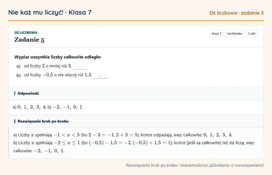 Rozwiązanie zadania 5, kartkówka „Oś liczbowa”, klasa 7: Wypisz wszystkie liczby całkowite odległe: a) od liczby 2 o mniej niż 3. … b) od liczby -0,5 o nie… Odpowiedź: a) 0, 1, 2, 3, 4; b) -2, -1, 0, 1