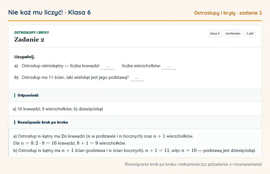 Rozwiązanie zadania 2 — Ostrosłupy i bryły (klasa 6): Uzupełnij. a) Ostrosłup ośmiokątny — liczba krawędzi: … liczba wierzchołków: … b) Ostrosłup ma 11…