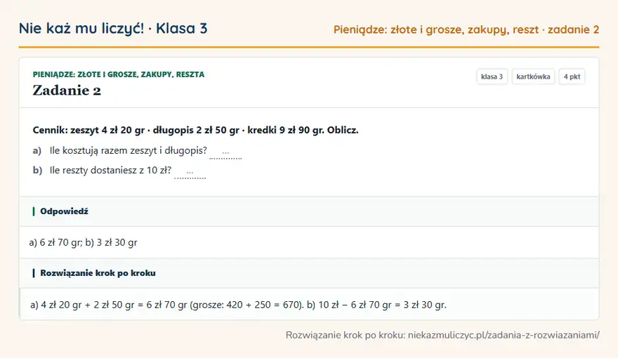 Rozwiązanie zadania 2 — Pieniądze: złote i grosze, zakupy, reszta (klasa 3): Cennik: zeszyt 4 zł 20 gr · długopis 2 zł 50 gr · kredki 9 zł 90 gr. Oblicz. a) Ile kosztują razem…