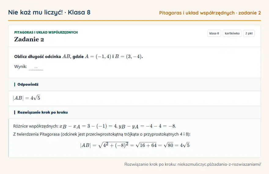 Rozwiązanie zadania 2, kartkówka „Pitagoras i układ współrzędnych”, klasa 8: Oblicz długość odcinka AB, gdzie A = (-1, 4) i B = (3, -4). Wynik: … Odpowiedź: |AB| = 4√5