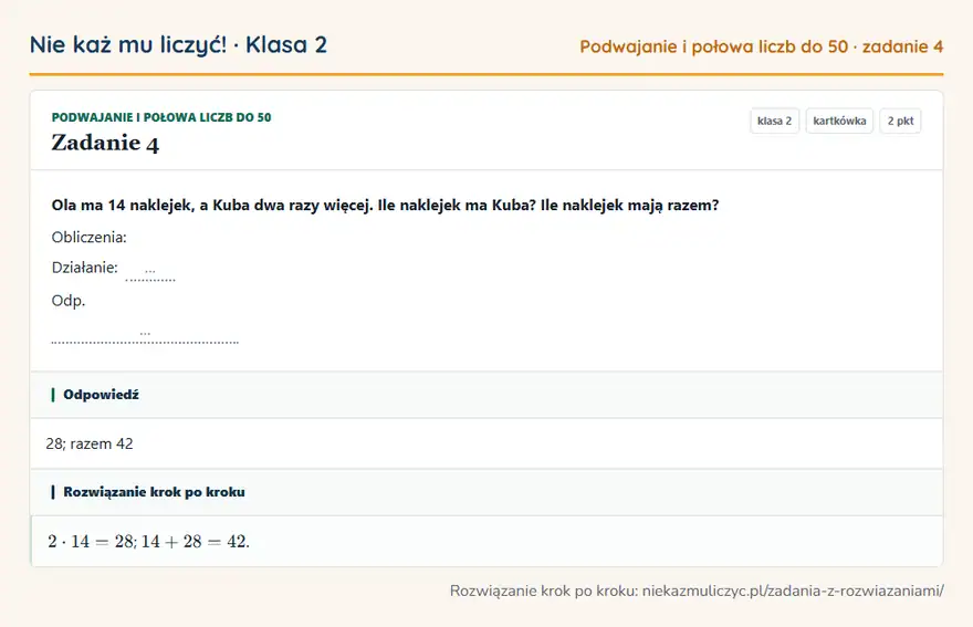 Rozwiązanie zadania 4 — Podwajanie i połowa liczb do 50 (klasa 2): Ola ma 14 naklejek, a Kuba dwa razy więcej. Ile naklejek ma Kuba? Ile naklejek mają razem?…