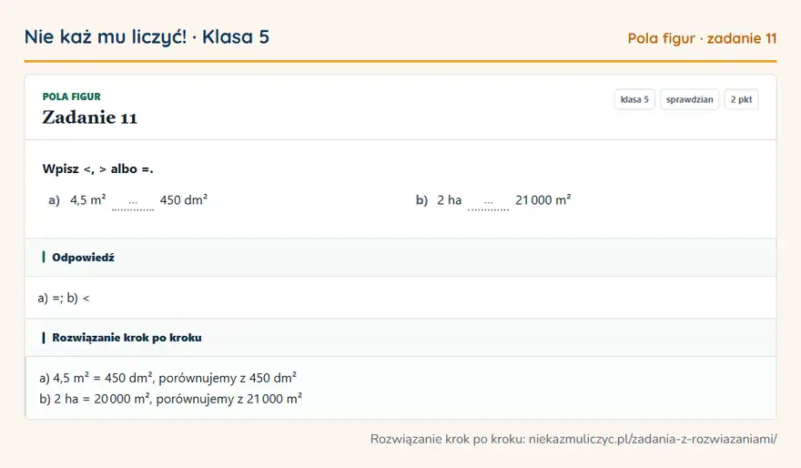 Rozwiązanie zadania 11 — Pola figur (klasa 5): Wpisz <, > albo =. a) 4,5 m² … 450 dm² b) 2 ha … 21 000 m²