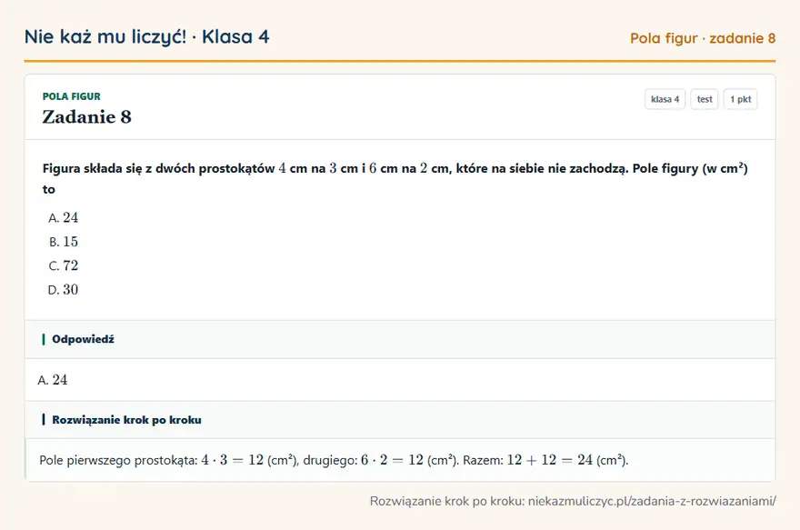 Rozwiązanie zadania 8 — Pola figur (klasa 4): Figura składa się z dwóch prostokątów 4 cm na 3 cm i 6 cm na 2 cm, które na siebie nie zachodzą…